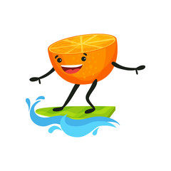 Cute orange surfing on waves, tropical humanized fruit character spending time on the beach in summer holidays vector Illustration on a white background