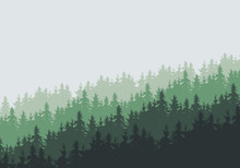 Vector Illustration Of A Dense Coniferous Forest On A Hill Under A Cloudy Green Sky - With Space For Text
