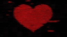 A Digital Heart Made Of ASCII Characters, Distorted By A Heavy Noise Glitch Effect. Red On A Black Background.
