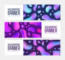 Poster - Collection of trendy horizontal banner templates with fantastic holographic texture, neon colored bubbles and place for text. Set of futuristic backdrops. Colored vector illustration in hipster style.