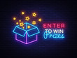 Enter to Win Prizes Neon Sign Vector. Gift neon sign, Win super prize design template, modern trend design, night neon signboard, night bright advertising, light banner, light art. Vector