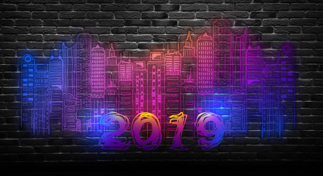 Neon 2019 on a brick wall in an empty room. Brick walls, corridor, neon light, glow