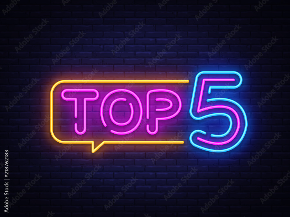 Top 5 Neon Text Vector. Top Five neon sign, design template, modern trend design, night neon signboard, night bright advertising, light banner, light art. Vector illustration - obrazy, fototapety, plakaty 