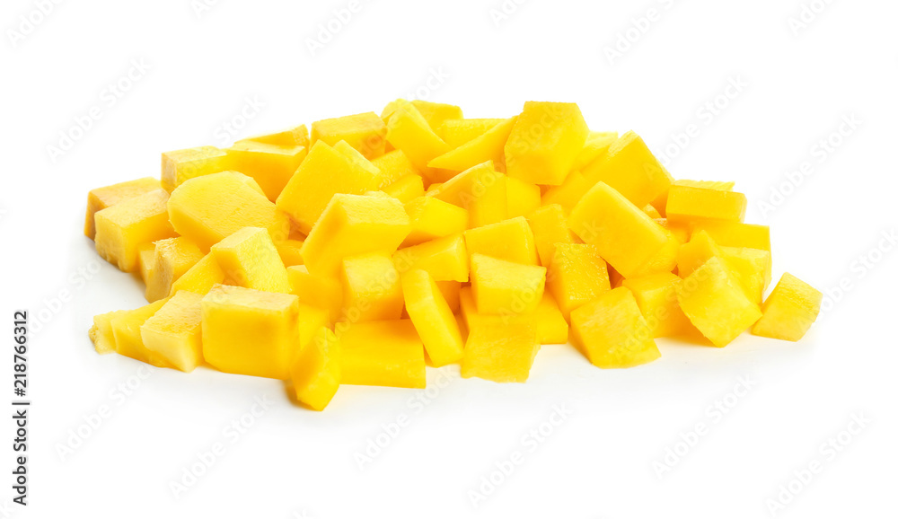 Pieces of fresh mango on white background