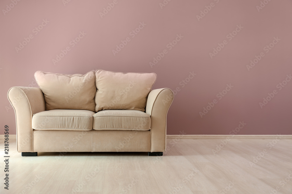 Comfortable sofa near color wall