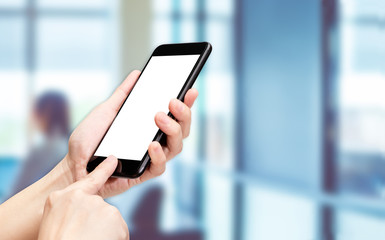 Aufkleber - Hand click mobile phone with blur office background bokeh light,White screen mock up template for adding your design or your text.