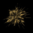 Golden glitter explosion with particles blast effect. Vector gold glare firework explode with premium shiny splatter on luxury black background