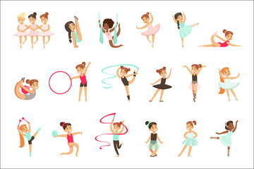 Wall Mural - Little Girls Doing Gymnastics And Acrobatics Exercises In Class Set Of Future Sports Professionals