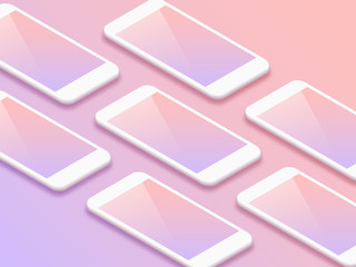 Fototapete - Shiny white isometric smartphones with blank screens vector grid. Mobile app user interface ui kit concept smartphone screens clean mockup on tender pink background.