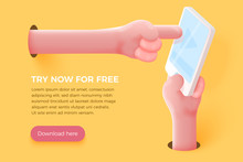 Vector Site Banner Concept - Cartoon 3d Realistic Hand Holding Cell Phone And Other Hand Touch The Screen, With Place For Your Text And Button. Application Landing Template.
