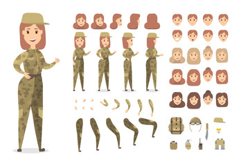 Wall Mural - Pretty female military character set for animation