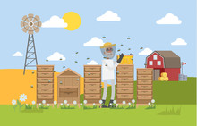 Beekepeer Standing In Apiary And Collecting Honey