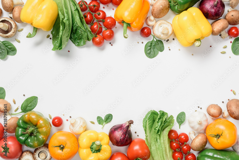 elevated view of frame made of ripe vegetables isolated on white - obrazy, fototapety, plakaty 