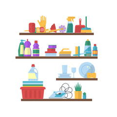 Sticker - Vector cleaning flat elements on shelves illustration