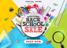 Back To School Sale Design With Colorful Pencil, Brush And Other School Items On Abstract Background. Vector Illustration With Special Offer Typography Elements For Coupon, Voucher, Banner, Flyer