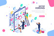© Aurielaki - Job presentation fair banner page, choose career or interview a candidate. Job agency human resources creative find experience. Work concept with character and text. Flat isometric vector illustration