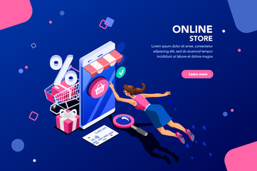 Concept of young buyer online using smartphone items. Consumer and fashion e-commerce, consumerism or sale concept. Characters, text for store. Flat isometric infographic images vector illustration