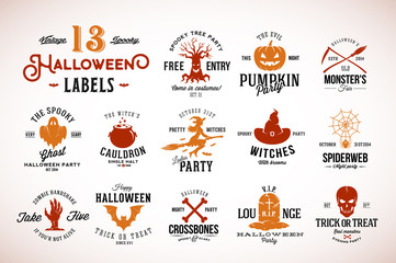 Wall Mural - thirteen spooky vintage halloween vector badges, labels or logo templates. pumpkin, ghost, skull, bo