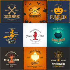 Wall Mural - vintage halloween party vector cards, labels or logos set. pumpkin, ghost, skull, bones, bats and ot