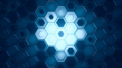 Fototapete - Hexagonal geometric background. Abstract structure of lots of different height hexagons with glow in center. Creative honeycomb surface. Top view. Cell elements pattern. 3d rendering