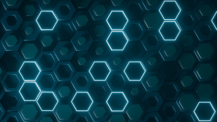 Poster - hexagonal geometric background. abstract structure of lots of different height hexagons with luminou