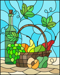 The illustration in stained glass style painting with a still life, a bottle of wine,  and fruits in the basket on a blue background