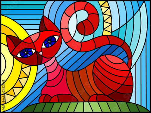 Dekoracja na wymiar  ilustracja-w-stylu-witrazu-z-abstrakcyjnym-czerwonym-geometrycznym-kotem-na-niebieskim-tle