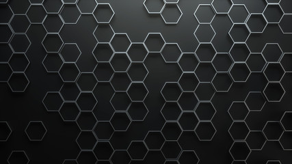 Fototapete - Set of metal hexagons on dark plane. Creative honeycomb geometric structure. Tech pattern of cell elements. Graphic digital concept. Abstract background. 3d rendering