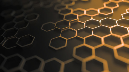 Wall Mural - Set of metal hexagons on dark plane. Creative honeycomb geometric structure. Tech pattern of cell elements. Graphic digital concept. Abstract background. 3d rendering