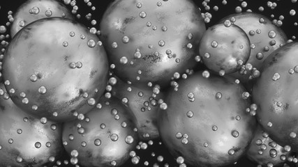 Fototapete - Abstract composition with a few big metal balls and lots of small particles in black space. Background with glossy spheres. 3d rendering