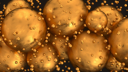Poster - abstract composition with a few big metal balls and lots of small particles in black space. backgrou