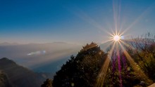 Timelapse Landscape Sunrise Over Mountain With Flare In The Morning At Zhushan Station, Alishan National Park, Taiwan. (4K Video)