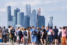 People At The Sparrow Hills, Tourists In Front Of Moscow City Business Centre In Moscow In Russia