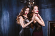 © cherry_d - Twins young women in evening dresses, fashion beauty portrait in dark interior