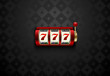 Vector red casino slot machine with lucky seven . Dark silk geometric card suits background. Online casino web banner, logo or icon. Winner casino poster.