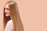 Beautiful Blonde Woman Beauty Model Girl with perfect makeup and long straight hair on light copyspace
