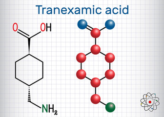 Wall Mural - Tranexamic acid (TXA) drug molecule, is used for preventing excessive bleeding. Structural chemical formula and molecule model. Sheet of paper in a cage