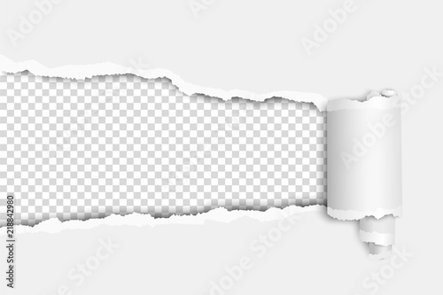 Fotomural Torn elongated hole in white sheet with wrapped paper tear and transparent background of resulting window
