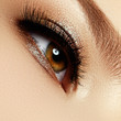 © looking2thesky - Close up of blue woman eye with beautiful brown with shades smokey eyes makeup. Modern fashion make up. Nude makeup. Clean skin, Long lashes