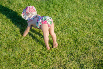 Wall Mural - A child is playing on the lawn with his head down.