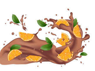 Wall Mural - Chocolate splash with orange. Milk chocolate, cacao, coffee. 3d realistic orange slices ripe citrus isolated on white background for packaging or web design. Vector