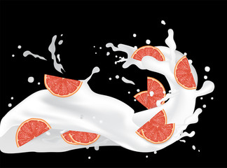 Wall Mural - Grapefruit splash illustration. Splashing milk juice. Cocktail falling pink slices isolated on black background. Advertisement banner. Product design. Vector