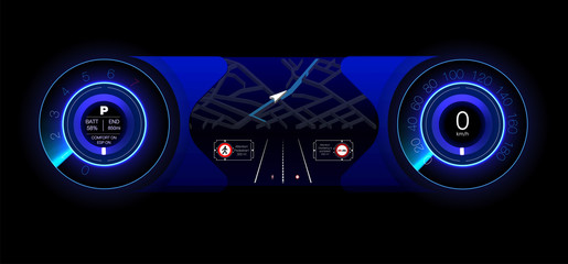 Poster - automotive dashboard of the future. hybrid car. diagnostics and elimination of breakdowns. blue. hud