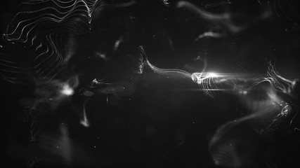 Poster - abstract wavy structure with millions of glowing particles. blurred magic background with luminous d