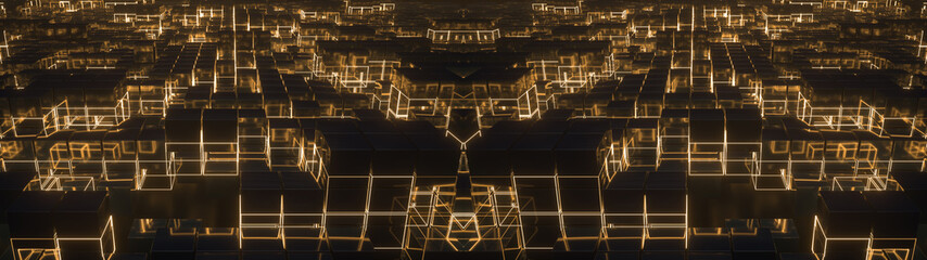 Poster - lots of shining metal cubes with glowing grid lines.abstract background with digital technology conn
