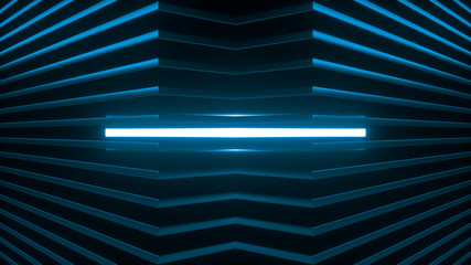 Fototapete - Geometric background made of many metal shelves with glowing light behind. Abstract symmetric industrial structure. 3d rendering