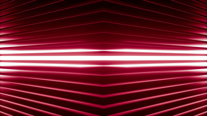 Fototapete - Geometric background made of many metal shelves with glowing light behind. Abstract symmetric industrial structure. 3d rendering