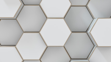 Poster - set of white metal hexagons. creative honeycomb geometric structure. tech pattern of cell elements. 