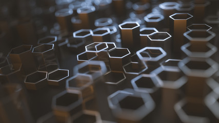 Poster - set of metal and glass hexagonal columns. creative honeycomb geometric structure. tech pattern of ce
