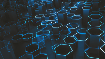Poster - set of metal and glass hexagonal columns. creative honeycomb geometric structure. tech pattern of ce